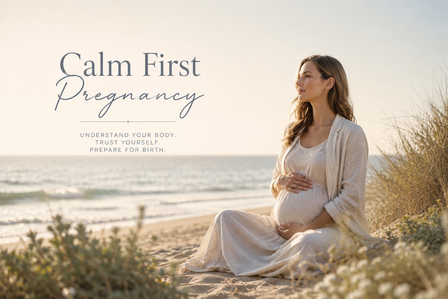 Calm First Pregnancy. Understand your body. Trust yourself. Prepare for birth. A pregnant woman sitting peacefully on the beach by the ocean.